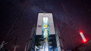 The Milky Way shines above the Guiana Space Center in French Guiana in this screenshot from a timelapse video by the European Space Agency.