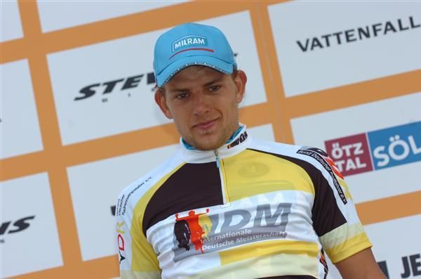 Gerald Cioleck (Milram) on the podium after finishing third today