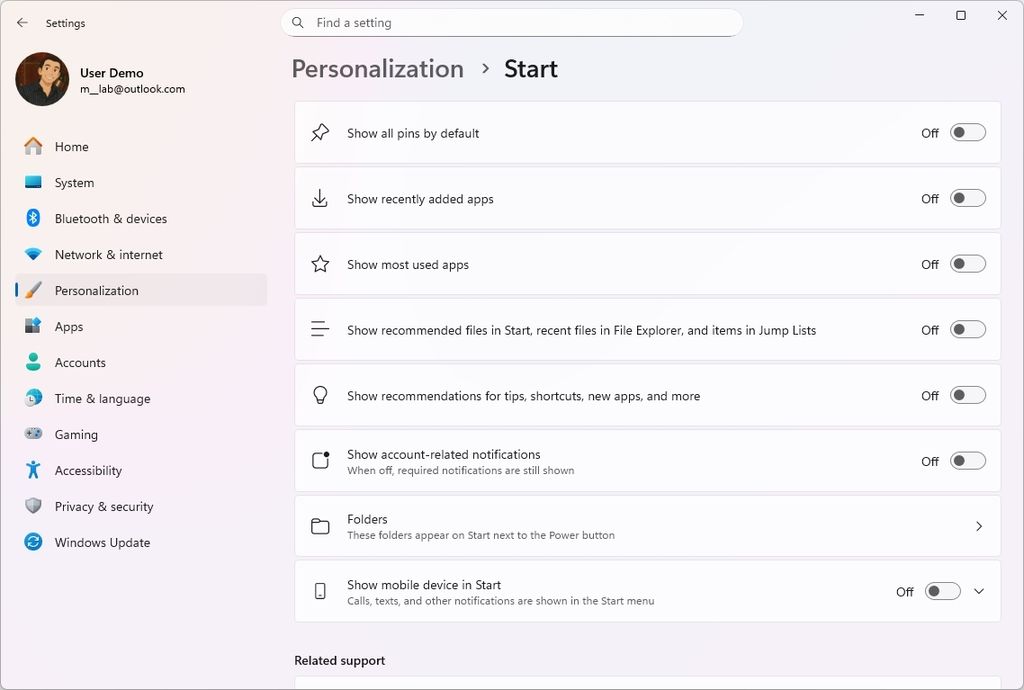 Start new settings page