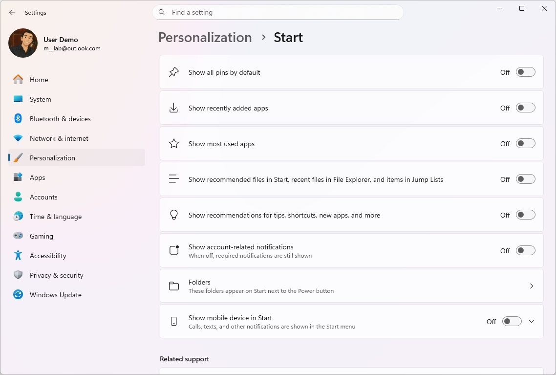 Start new settings page