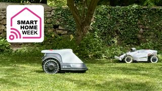 Two robot lawn mowers on some grass, with Smart Home Week logo