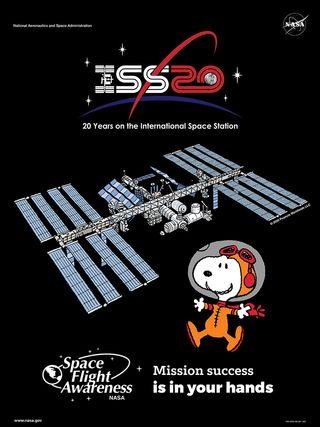 One of the four new NASA Space Flight Awareness posters for the 20th year of continuous crewed operations aboard the International Space Station. NASA's use of Snoopy is to promote flight safety among its workforce: "Mission success is in your hands."
