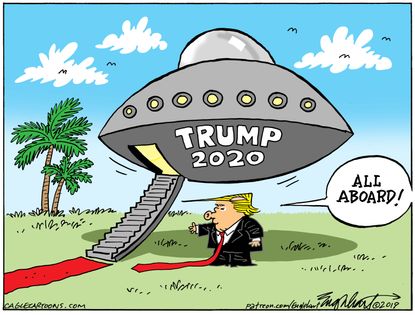 Political Cartoon U.S. Trump 2020 UFO All Aboard