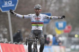 Dutch Mathieu Van Der Poel celebrates as he crosses the finish line to win the men elite race of the Flandriencross the sixth stage in the Trofee Veldrijden Cyclocross competition on January 23 2021 in Hamme Photo by DAVID STOCKMAN various sources AFP Belgium OUT Photo by DAVID STOCKMANBelgaAFP via Getty Images