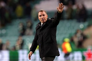 Brendan Rodgers, Manager of Celtic, acknowledges the fans after the draw in the UEFA Champions League match between Celtic FC and Atletico Madrid at Celtic Park Stadium on October 25, 2023 in Glasgow, Scotland. (Photo by Ian MacNicol/Getty Images)