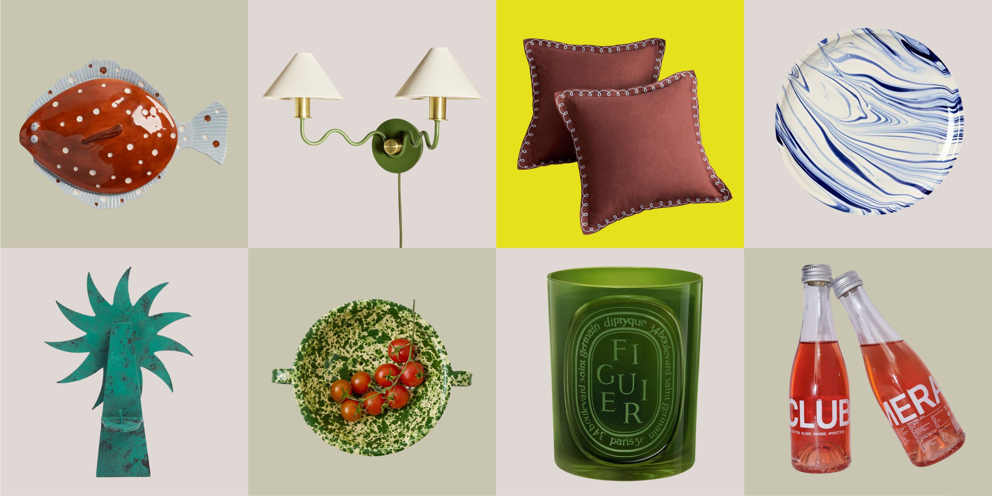 collage with fish-shaped tureen, wiggle wall sconce, brown cushions, blue swirl-y plate, LRNCE candle sconce, splatter colander, green diptyque candle, and club mera drinks