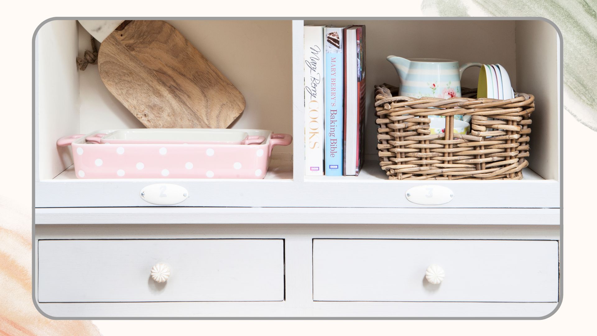 Kitchen dresser with drawers and cubby holes with baskets for organisation