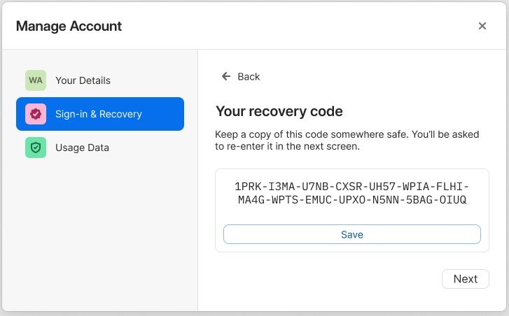 An example of the lengthy Recovery Code users are encouraged to create to save their accounts if they forget its credentials.