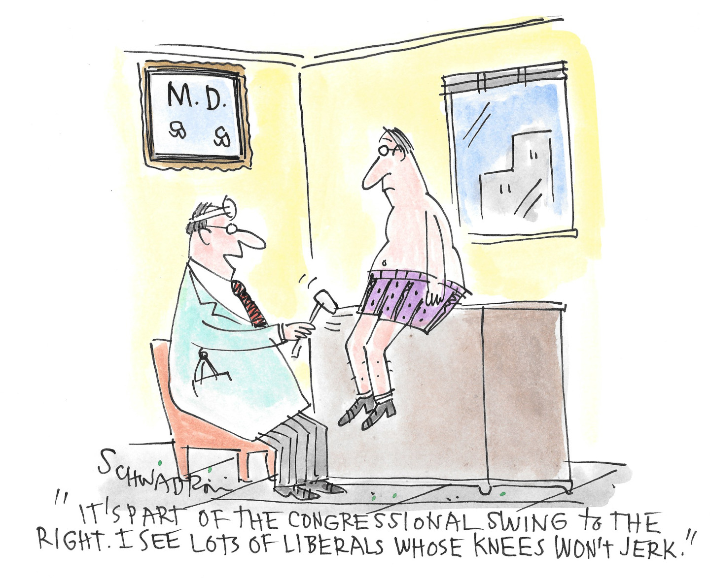 This cartoon takes place in a doctor’s office. A male physician is testing the knee of a male patient, who sits on the doctor’s examining table in his boxer shorts. The doctor says, “It’s part of the congressional swing to the right. I see lots of liberals whose knees won’t jerk.”