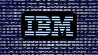 IBM Logo in light blue in front of black background with white binary letters behind