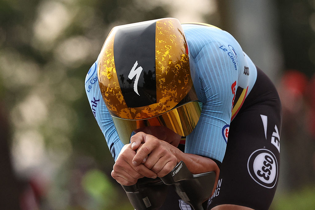 TOPSHOT - Belgian rider Remco Evenepoel competes in the men&#039;s Elite Individual Time Trial cycling event during the UCI 2025 Road World Championships, in Kigali, on September 21, 2025. (Photo by Anne-Christine POUJOULAT / AFP) (Photo by ANNE-CHRISTINE POUJOULAT/AFP via Getty Images)