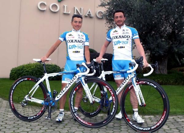 Domenico Pozzivivo and Mattia Gavazzi outside the Colnago factory in Italy