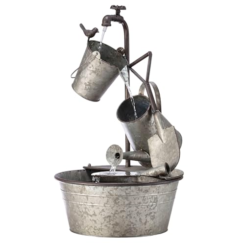 Alpine Corporation Yhl106 Outdoor Floor 3-Tiered Metal Garden Tools Water Fountain, Tools and Faucet Waterfall, 28", Gray