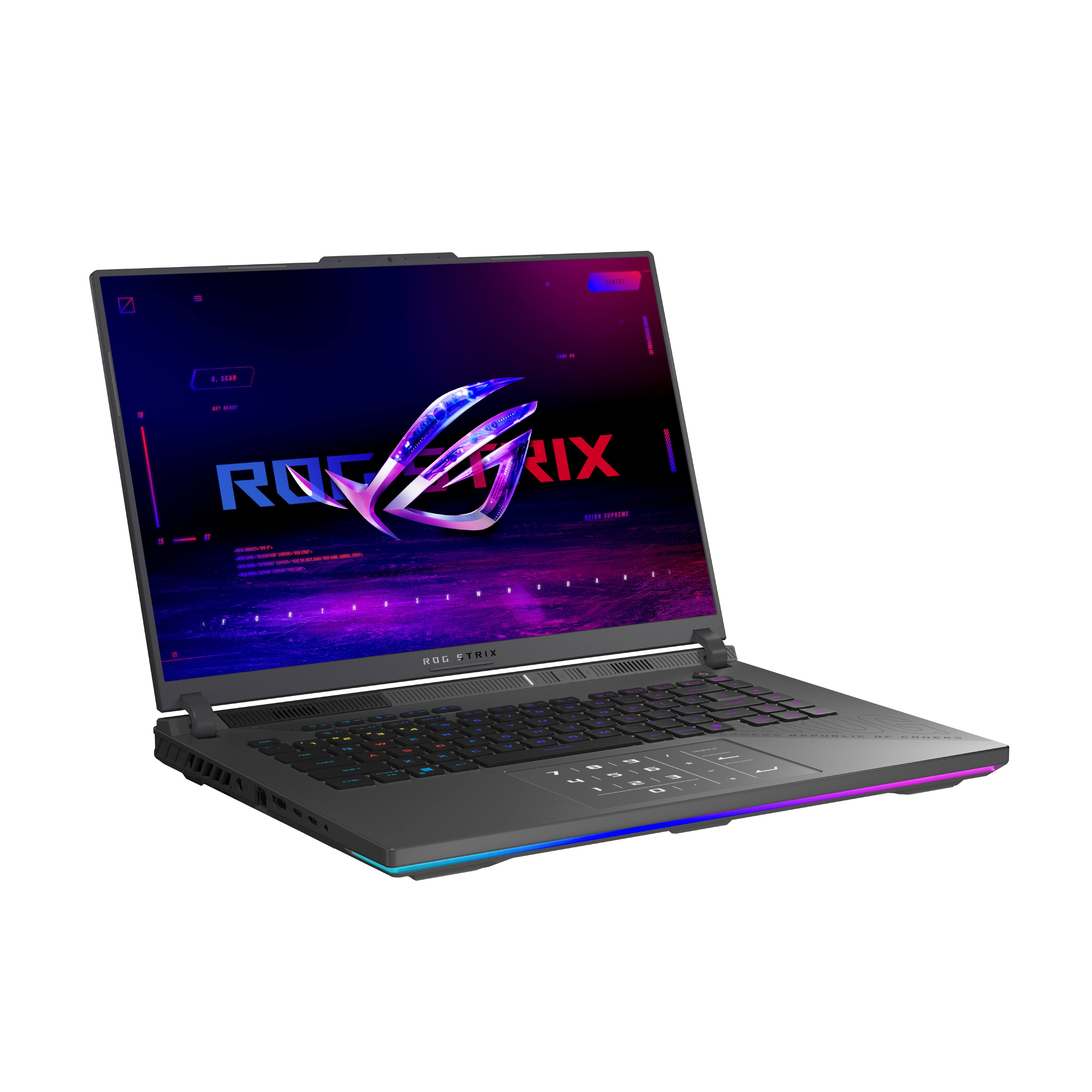 Render of the ASUS ROG Strix G16 (2025, AMD) gaming laptop.