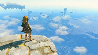 A screenshot showing Link looking out at Hyrule in Tears of the Kingdom