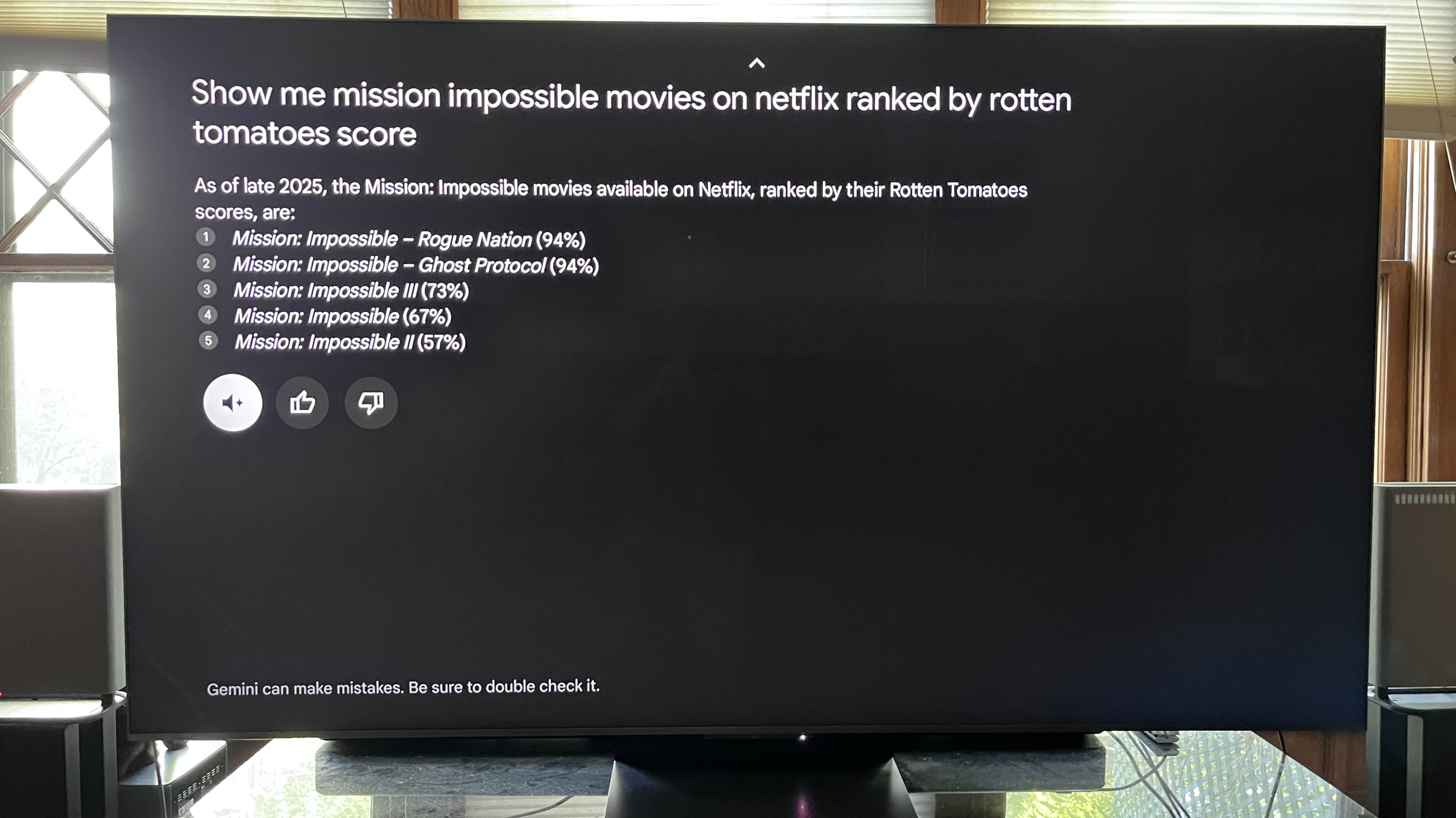 Google TV Gemini screens showing listings of Mission Impossible movies on Netflix