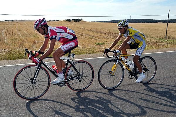Jes&uacute;s Rosendo (Andaluc&iacute;a-Cajasur) rides in the two man escape ahead of Walter Pedraza (Tinkoff Credit Systems).