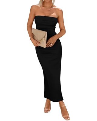 Btfbm Women's Strapless Tube Dress 2024 Summer Sexy Backless Slit Formal Bodycon Wedding Cocktail Party Maxi Dresses(solid Black, Medium)