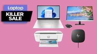 HP laptop, monitor, printer, and charging dock against a pink background