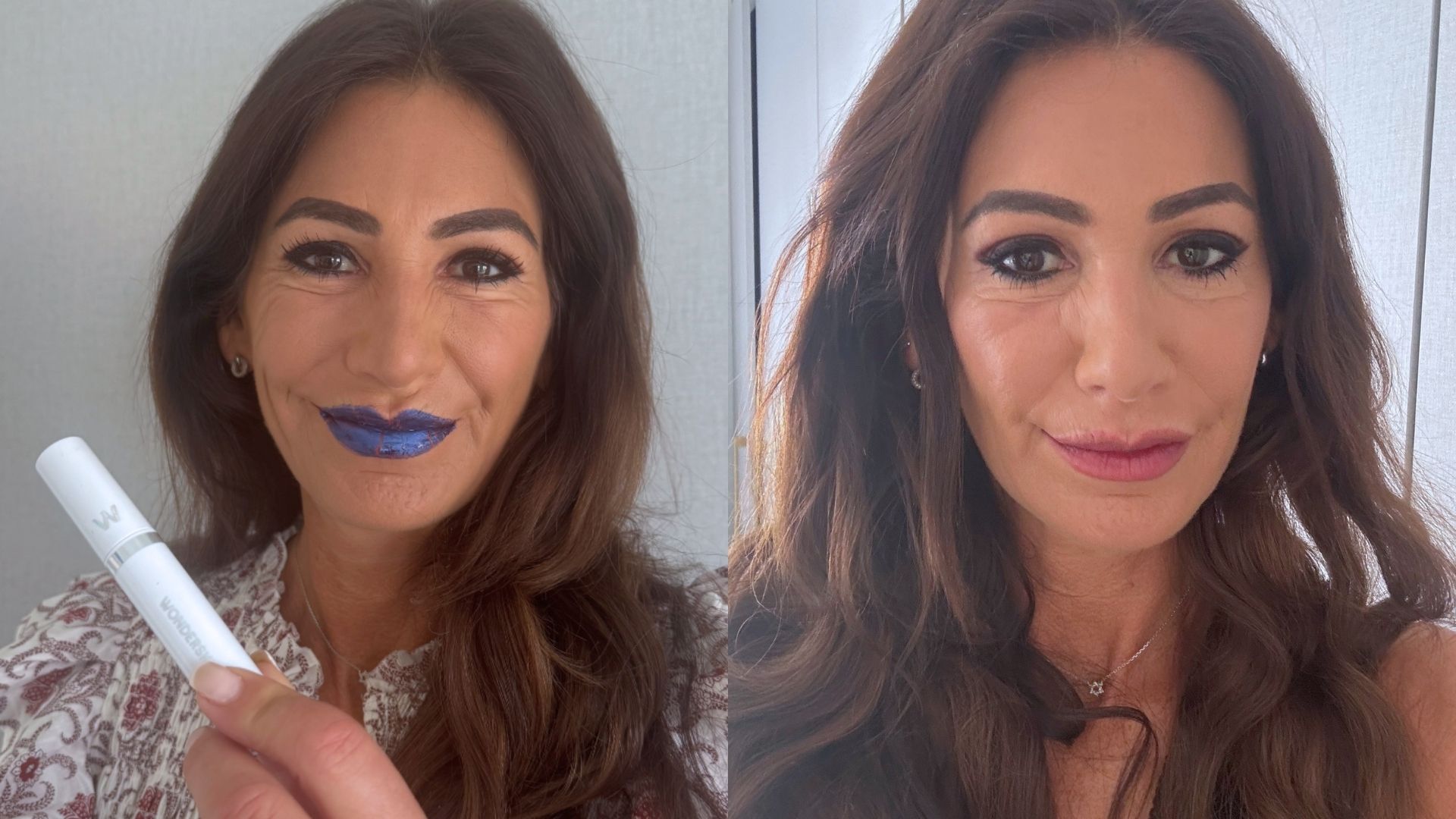 a woman with brown hair wearing wunderskin lip stain, which is blue before it peels off, beside an image of the same woman with pink stained lips and blurred lines around her mouth