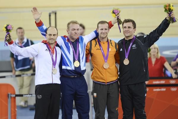Men's Keirin Olympic podium: Maximilian Levy (Germany), silver; Chris Hoy (Great Britain), gold; Teun Mulder (Netherlands) and Simon van Velthooven (New Zealand) both with bronze