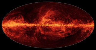 This map of the Milky Way shows the distribution of interstellar dust across the galaxy as seen by the Planck space observatory, a mission by the European Space Agency.