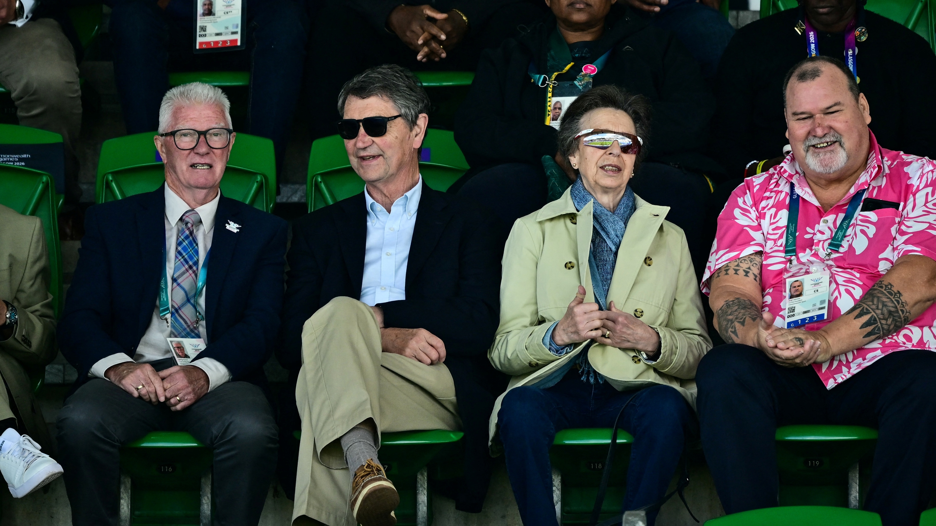 Princess Anne, Princess Royal (2nd R) and Vice Admiral Timothy Laurence (C) attend the athletics event on day seven of the Commonwealth Games in Glasgow, Scotland, on July 30, 2026