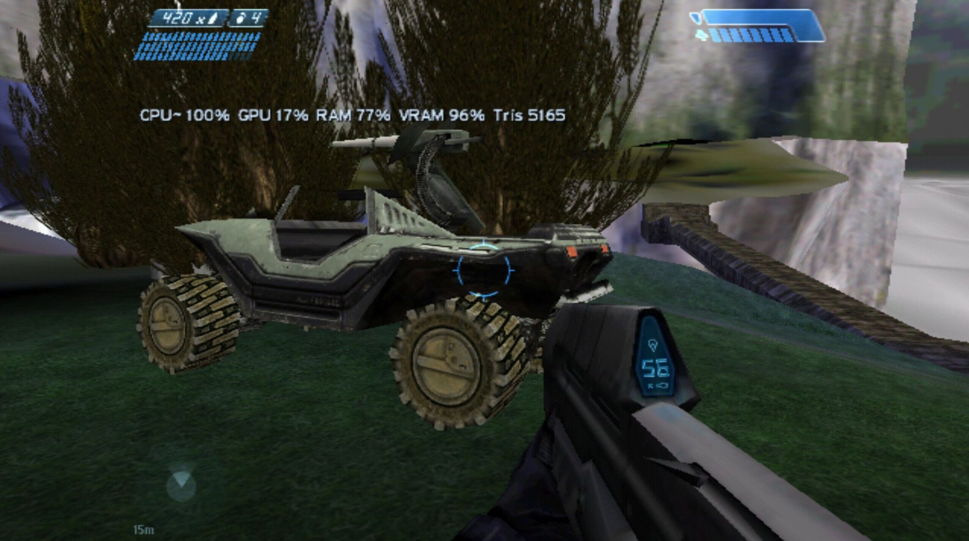 Halo: Combat Evolved running on the SEGA Dreamcast showing an Assault Rifle and Warthog in a forest landscape