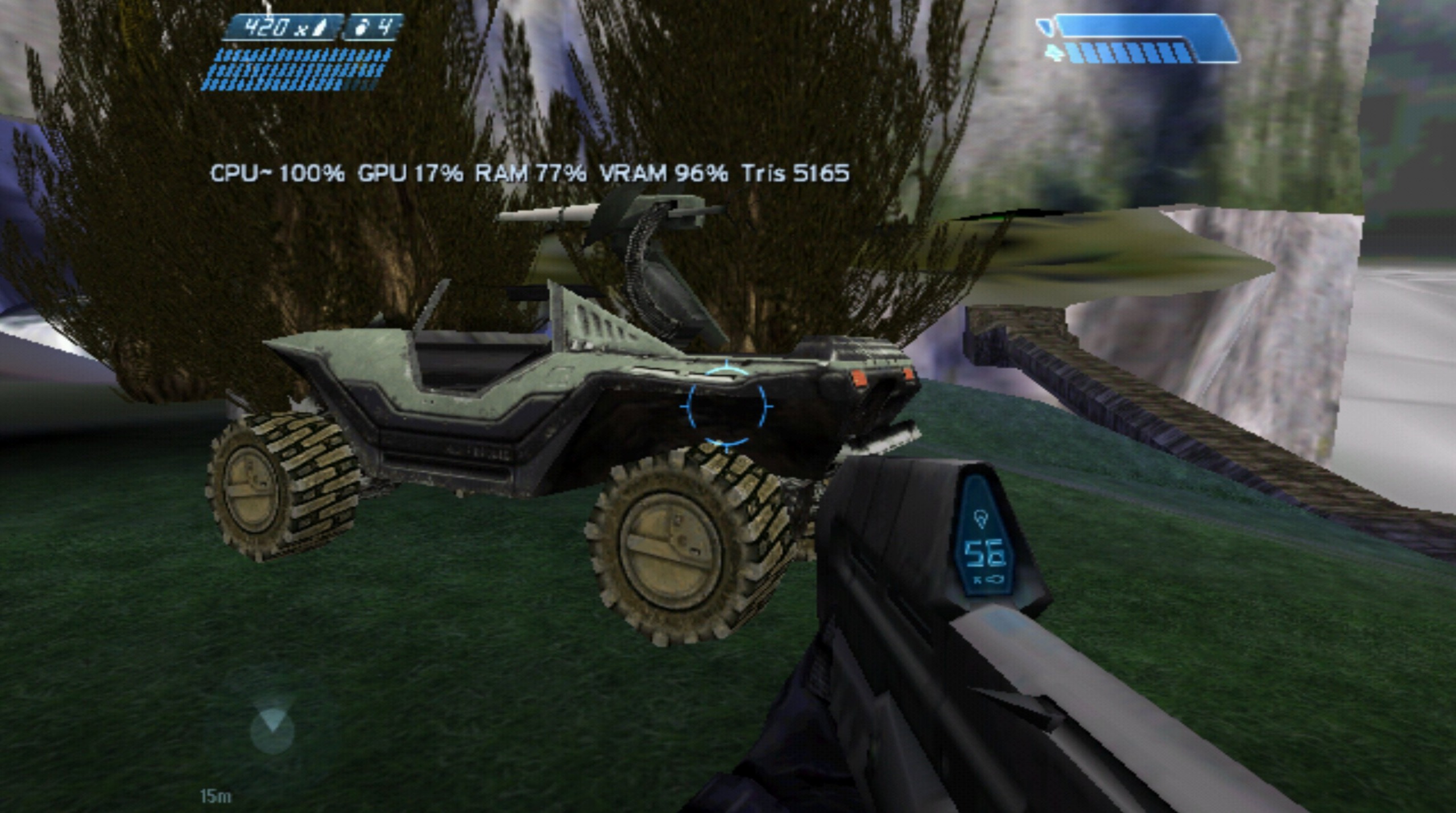 Halo: Combat Evolved running on the SEGA Dreamcast showing an Assault Rifle and Warthog in a forest landscape
