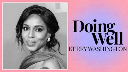 black and white photo of Kerry Washington on a pink and purple ombre background with text that says &quot;Doing Well&quot;