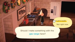 Cooking at an oven in Animal Crossing: New Horizons