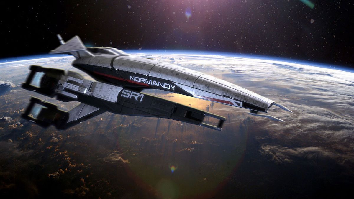 Mass Effect Normandy SR1 spaceship flying over a planet.