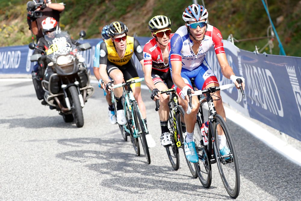 Thibaut Pinto leads Simon Yates, Steven Kruijswijk and Nairo Quintana up Coll de la Rabassa near the end of stage 19 at the Vuelta