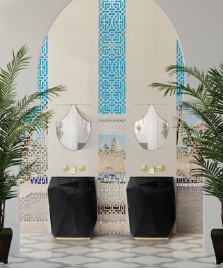 Moroccan Bathroom Decor _ Black Diamond Freestanding and Gold Diamond Wall Tap Maison Valentina