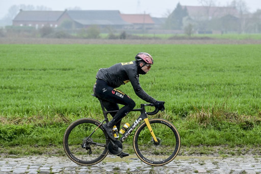 Belgian Wout van Aert of Team JumboVisma pictured in action during the reconnaissance of the track ahead of this years ParisRoubaix cycling race Thursday 06 April 2023 around Roubaix France The ParisRoubaix cycling race will take place on Sunday 09 April BELGA PHOTO DIRK WAEM Photo by DIRK WAEM BELGA MAG Belga via AFP Photo by DIRK WAEMBELGA MAGAFP via Getty Images