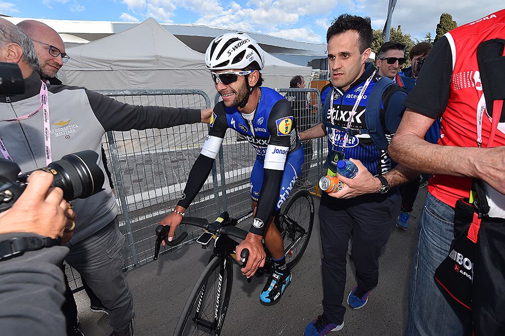 Fernando Gaviria (Etixx-QuickStep) rolls to the podium after winning stage 3 at Tirreno-Adriatico