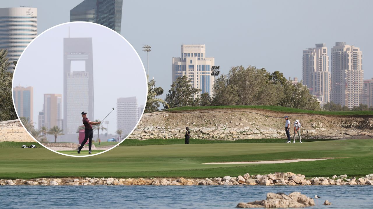 The Qatar Masters venue with golfers putting on the green, surrounded by water, and hitting an iron shot with backdrop of Doha behind