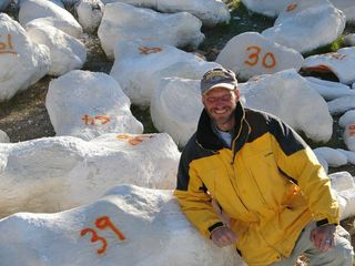 Paleontologist Kenneth Lacovara relaxes next to 234 plaster jackets holding the dinosaur dreadnoughtus.