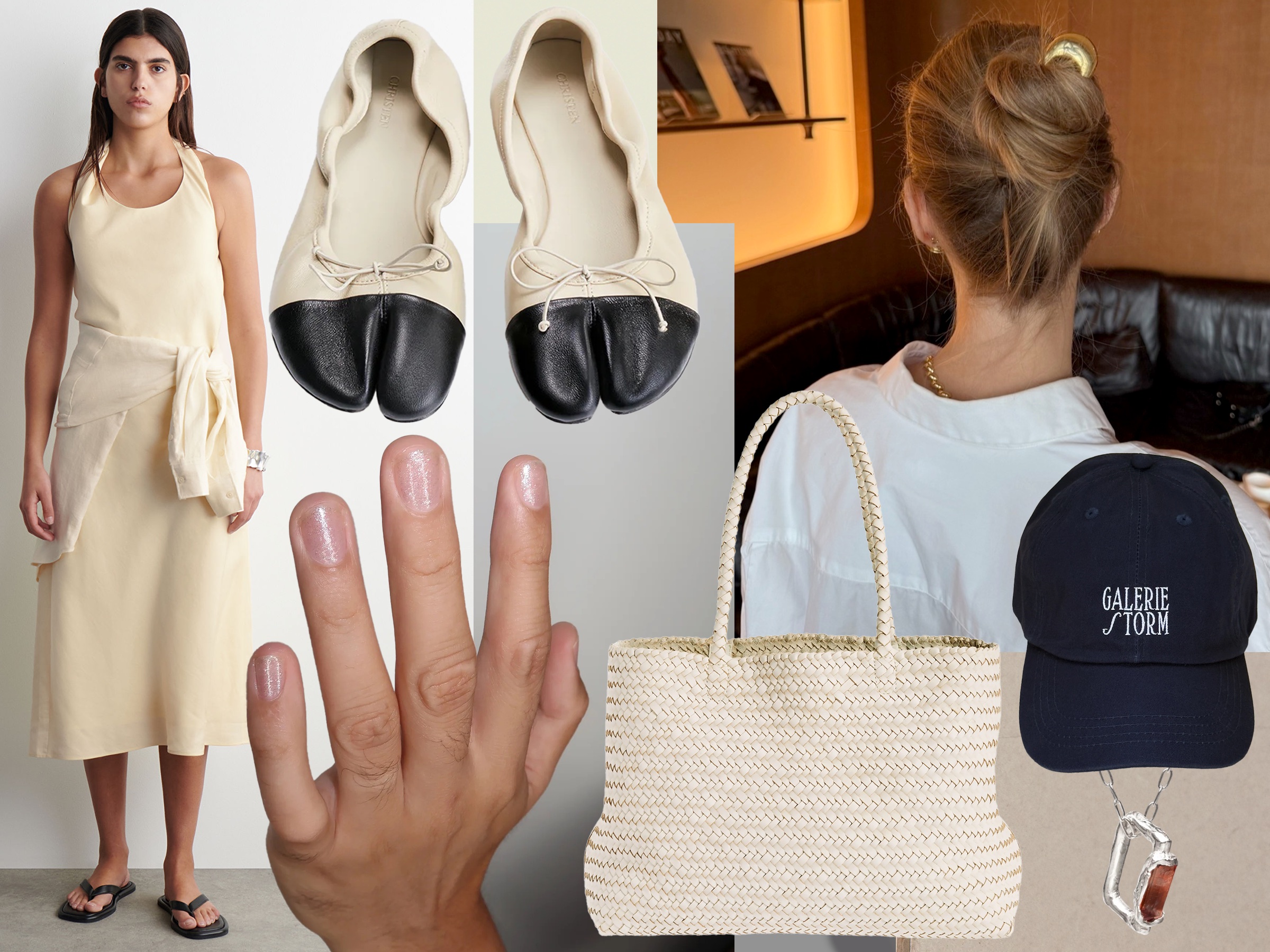 Fashion collage of a COS butter-yellow linen dress, Christen Tabi cap-toe flats, a manicured hand wearing Ruth shimmery white nail polish in Bride, Lié Studio gold Frida hair pin, Madewell ivory woven tote bag, Galerie Storm baseball cap, and a Simuero Octubre 925 sterling silver necklace with a tourmaline gem.