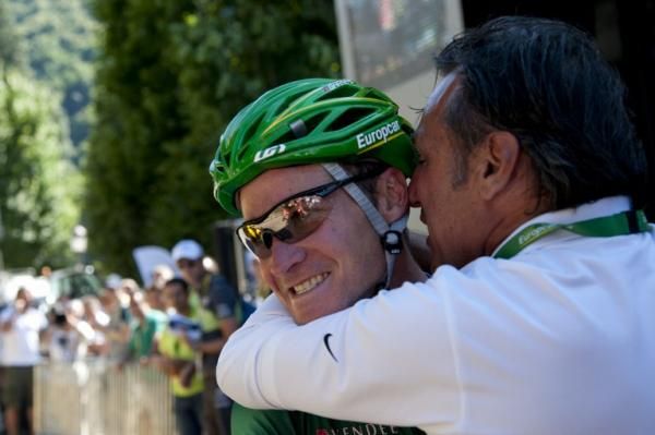 Thomas Voeckler (Europcar) is congratulated after his win