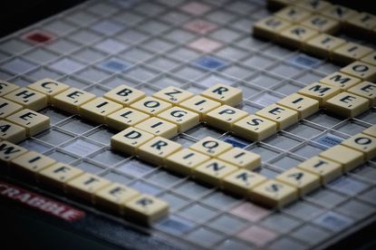 A Scrabble board.