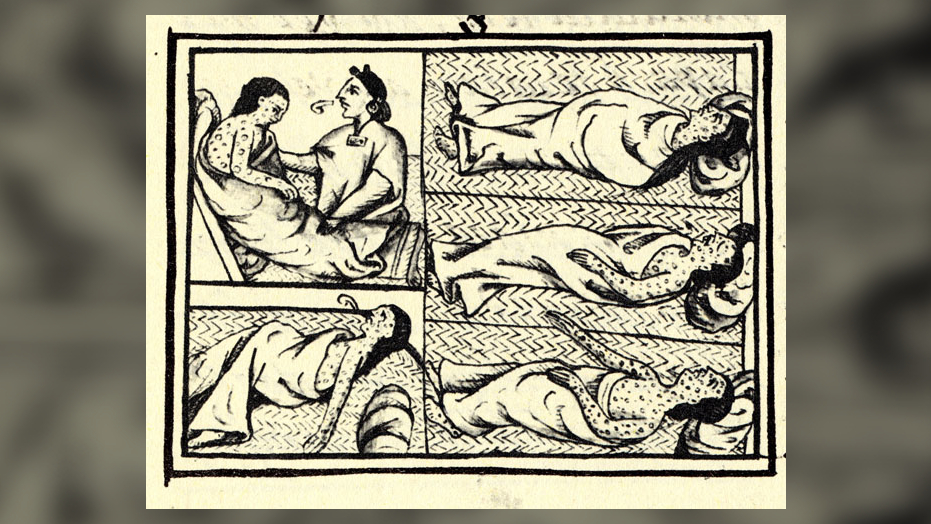 A page from the Florentine Codex, a 16th century compendium on Aztec and Nahuatl history and life, showing people with an illness, likely smallpox