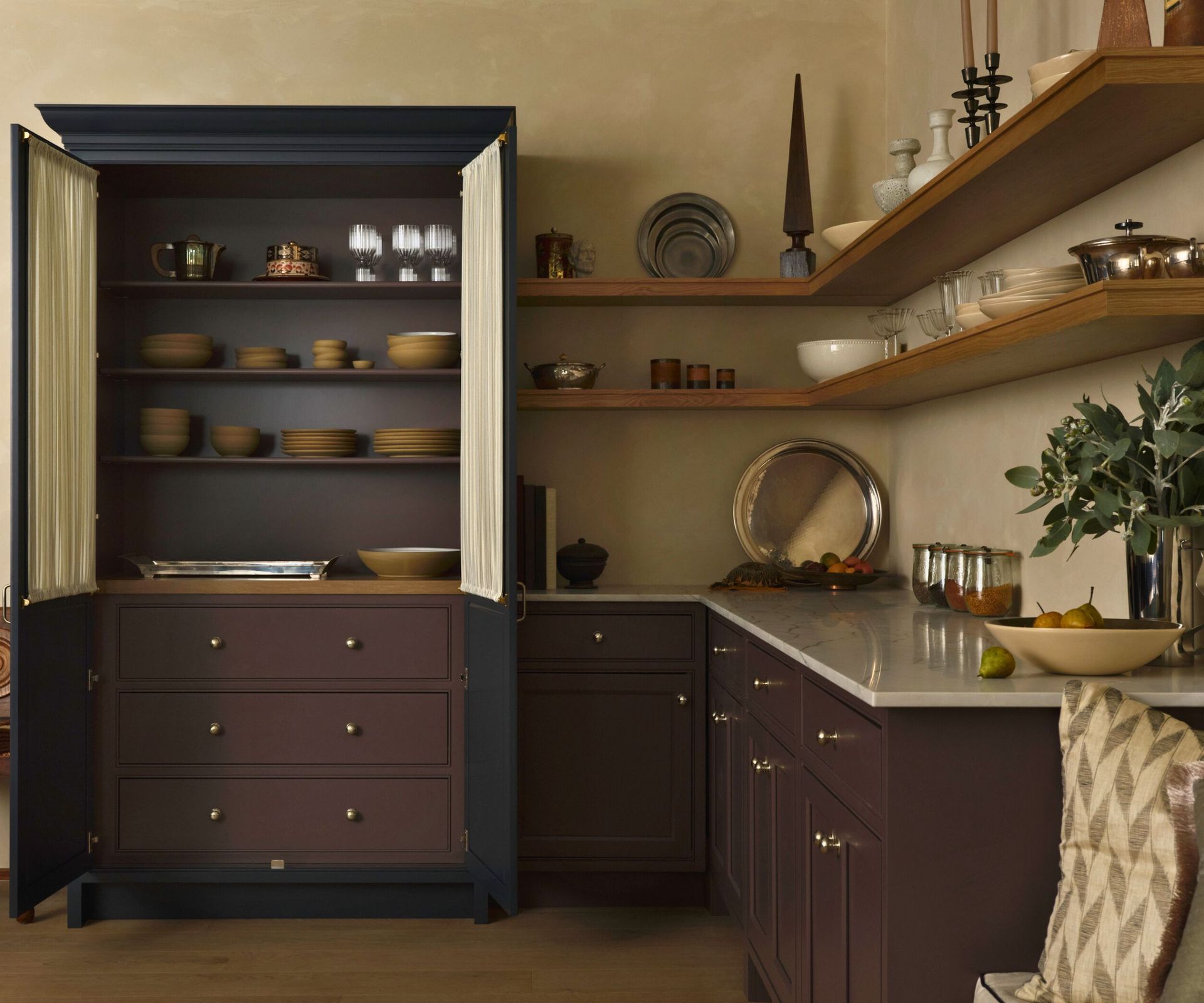 kitchen with dresser and dark cabinets and open shelves