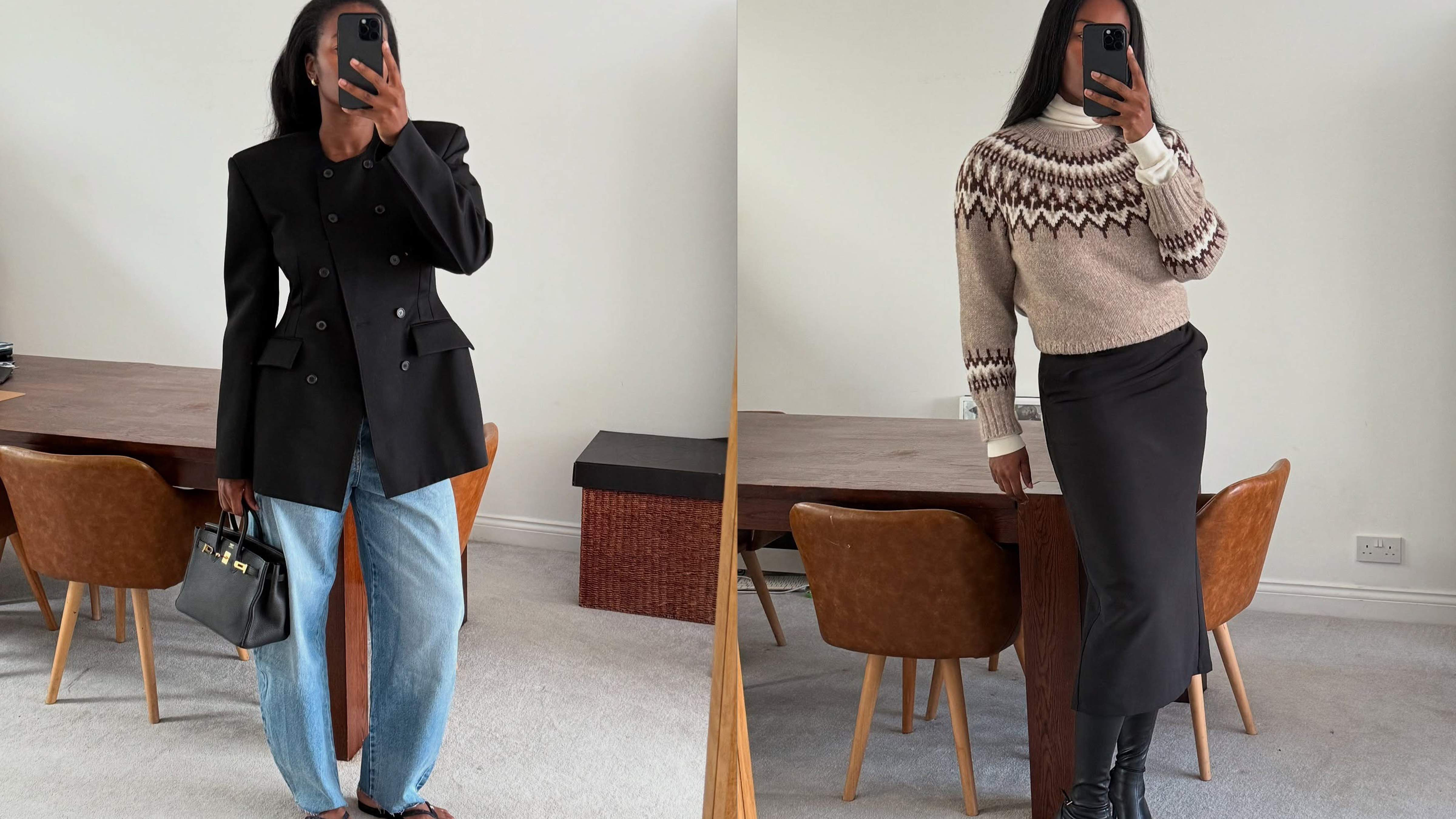 Influencer Marilyn wears a collarless blazer with barrel-leg jeans in the first image. In the second image, she dons a silk slip skirt, a Fair Isle sweater, and a white turtleneck layered underneath. 