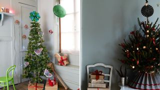 two images of Christmas tree showing paper decoration Christmas tree toppers idea