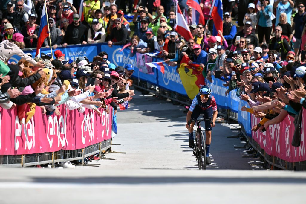 MONTE LUSSARI ITALY MAY 27 Matthew Riccitello of The United States and Team Israel Premier Tech crosses the finish line during the 106th Giro dItalia 2023 Stage 20 a 186km individual climbing time trial stage from Tarvisio 750m to Monte Lussari 1744m UCIWT on May 27 2023 in Monte Lussari Italy Photo by Stuart FranklinGetty Images