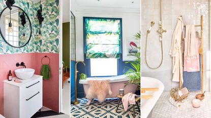 Three small bathroom pictures - one with a floating vanity with pink tiles and green wallpaper above it, one with a pink bath tub with a patterned window and black and white tiles, and one with cream tiles and a ladder shelf