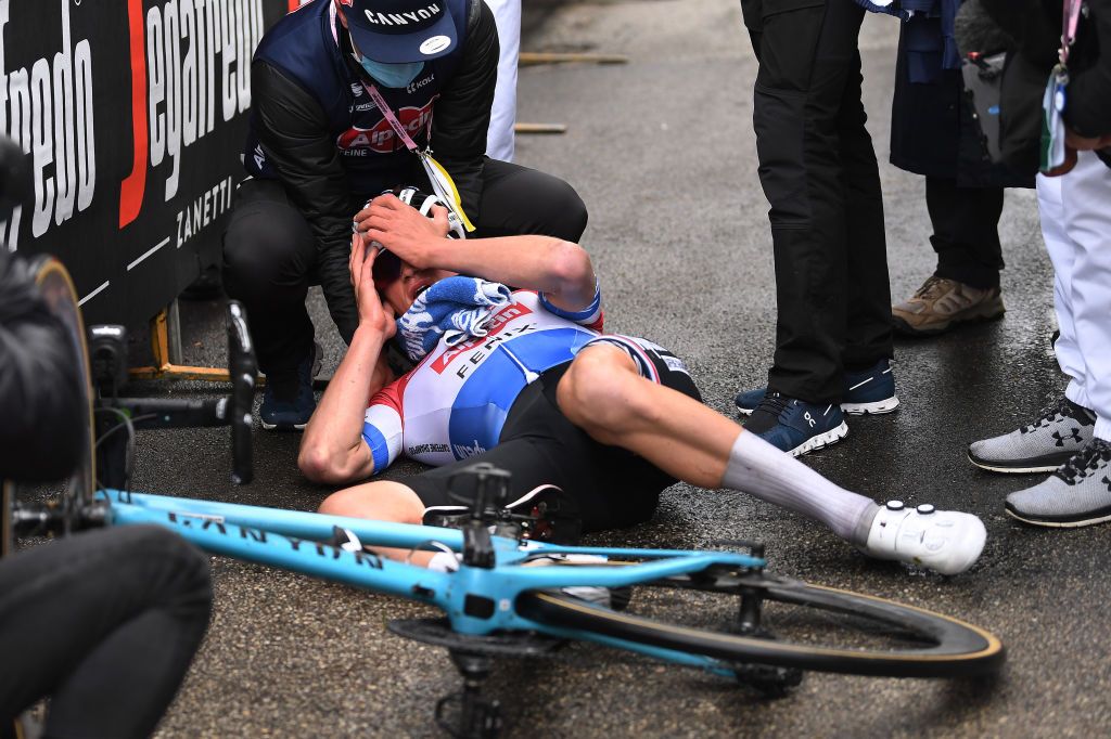 CASTELFIDARDO ITALY MARCH 14 Arrival Mathieu Van Der Poel of Netherlands and Team AlpecinFenix Celebration during the 56th TirrenoAdriatico 2021 Stage 5 a 205km stage from Castellalto to Castelfidardo 175m Soigneur TirrenoAdriatico on March 14 2021 in Castelfidardo Italy Photo by Tim de WaeleGetty Images