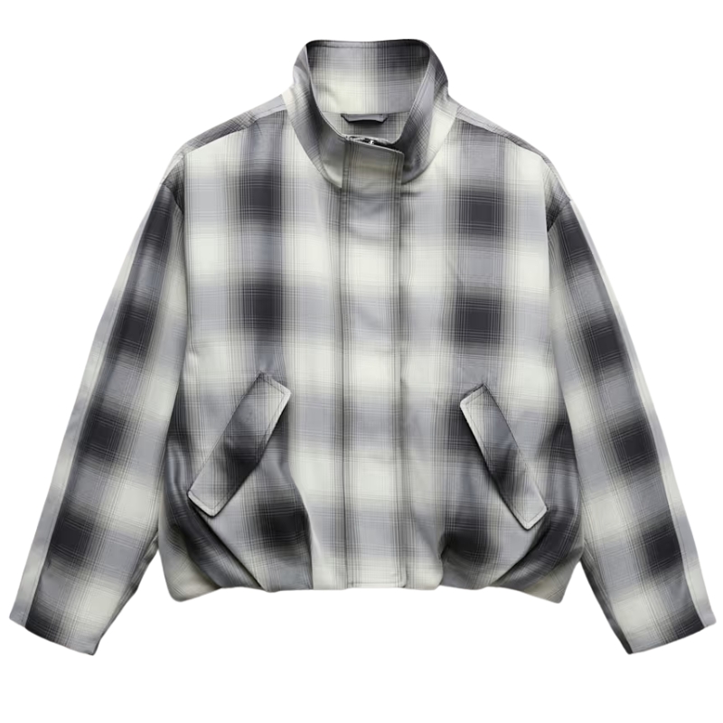 M&amp;amp;S, Checked Bubble Hem Funnel Neck Jacket