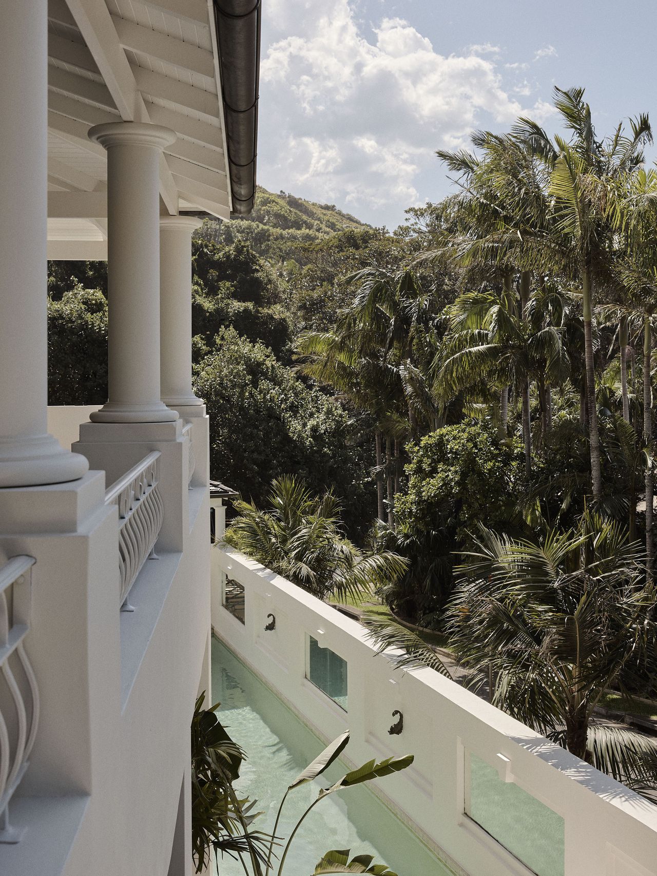 A glimpse of the pool and surrounding greenery